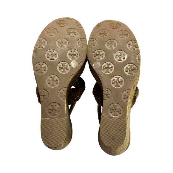 Tory Burch Lucian Tan Leather Gold Chain Strappy Wedge Sandals - Size 7 ½ - Picture 11 of 11